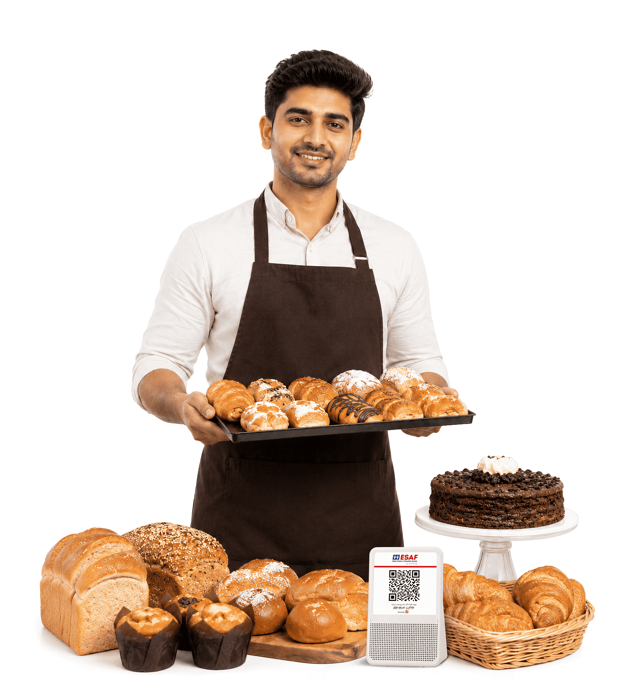 Bakery merchant with breads, cake and ESAF QR Sound Box